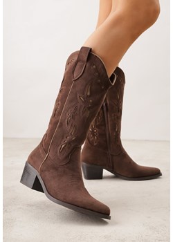 Brązowe Botki Kowbojki na Stożku z Imitacji Zamszu z Ażurowymi Wstawkami  Crela ze sklepu born2be.pl w kategorii Botki - zdjęcie 188730682