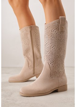 Ciemnobeżowe Botki Typu Kowbojki Ażurowe Ozdobione Metaliczną Aplikacją Iomosa ze sklepu born2be.pl w kategorii Botki - zdjęcie 188730754