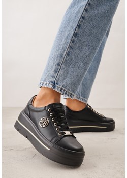 Czarne Skórzane Sneakersy na Koturnie Ozdobione Metalicznymi Aplikacjami Acaledice ze sklepu renee.pl w kategorii Buty sportowe damskie - zdjęcie 188746992