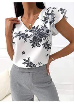 Kremowa Bluzeczka w Czarny Wzór z Dekoltem V ze sklepu ModnaKiecka.pl w kategorii Bluzki damskie - zdjęcie 188760070