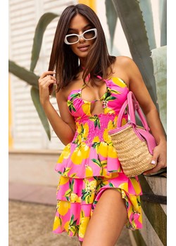 Różowo-żółta mini sukienka z elastycznym marszczeniem MI-SK-23708.60, Kolor różowo-żółty, Rozmiar uniwersalny, ITALY MODA ze sklepu Primodo w kategorii Sukienki - zdjęcie 188768602