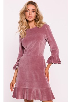 Welurowa sukienka z falbankami różowa M825, Kolor różowy, Rozmiar L, MOE ze sklepu Primodo w kategorii Sukienki - zdjęcie 188777084