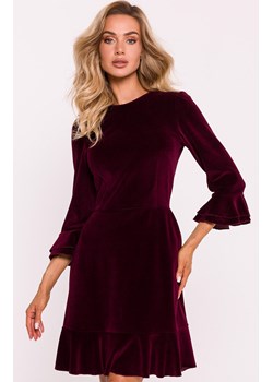 Welurowa sukienka z falbankami bordowa M825, Kolor bordowy, Rozmiar L, MOE ze sklepu Primodo w kategorii Sukienki - zdjęcie 188777093