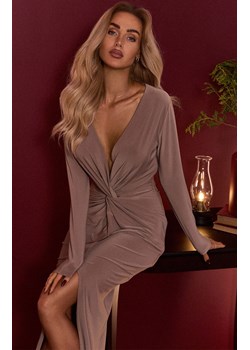 Długa sukienka z rozcięciem beżowa M840, Kolor beżowy, Rozmiar L, MOE ze sklepu Primodo w kategorii Sukienki - zdjęcie 188777190