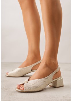 Beżowo-Złote Sandały na Obcasie ze Skórzaną Wkładką i Cyrkoniami Vylyra ze sklepu born2be.pl w kategorii Sandały damskie - zdjęcie 188808390