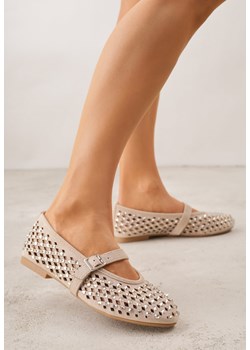 Ciemnobeżowe Ażurowe Balerinki z Paskiem z Klamerką i Cyrkoniami Feanoene ze sklepu born2be.pl w kategorii Balerinki - zdjęcie 188809483