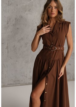 Brązowa Sukienka Koszulowa Bez Rękawów z Paskiem i Metaliczną Klamrą Thespiphia ze sklepu renee.pl w kategorii Sukienki - zdjęcie 188809690
