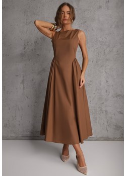 Brązowa Rozkloszowana Sukienka Koktajlowa z Bawełny z Dekoltem Łódką i Kieszeniami Fanilra ze sklepu renee.pl w kategorii Sukienki - zdjęcie 188811193