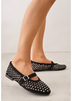 Czarne Balerinki w Stylu Mary Jane z Cyrkoniami i Ażurową Cholewką Lyphenne ze sklepu renee.pl w kategorii Balerinki - zdjęcie 188811222