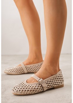 Ciemnobeżowe Balerinki w Stylu Mary Jane z Cyrkoniami i Ażurową Cholewką Lyphenne ze sklepu renee.pl w kategorii Balerinki - zdjęcie 188811231