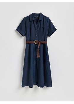 Reserved - Sukienka midi z lnem - granatowy ze sklepu Reserved w kategorii Sukienki - zdjęcie 188811752