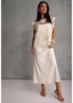 Jasnobeżowa Bawełniano-Wiskozowa Sukienka Slip Dress z Ozdobną Narzutką Sagossia ze sklepu renee.pl w kategorii Sukienki - zdjęcie 188822024