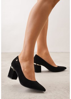 Czarne Czółenka na Słupku z Wkładką ze Skóry Naturalnej i  Metaliczną Ozdobą Dynaste ze sklepu renee.pl w kategorii Czółenka - zdjęcie 188856633