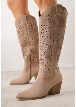 Ciemnobeżowe Kozaki Kowbojki na Stożku z Ażurową Cholewką Uria ze sklepu born2be.pl w kategorii Kozaki damskie - zdjęcie 188856921