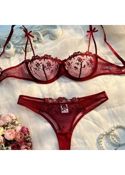 Komplet bielizny z kwiatowym haftem - Bordowy S ze sklepu Intimica.pl w kategorii Komplety bielizny damskiej - zdjęcie 188862181