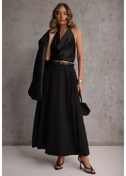 Czarna Rozkloszowana Spódnica z Wiskozy z Dodatkowym Paskiem z Klamrą Lowedina ze sklepu renee.pl w kategorii Spódnice - zdjęcie 188871841