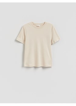 Reserved - T-shirt z bawełny merceryzowanej - beżowy ze sklepu Reserved w kategorii Bluzki damskie - zdjęcie 188884980