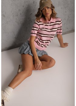 Różowy T-shirt Polo z Wiskozą w Paski z Guzikami Vevevia ze sklepu renee.pl w kategorii Bluzki damskie - zdjęcie 188885433