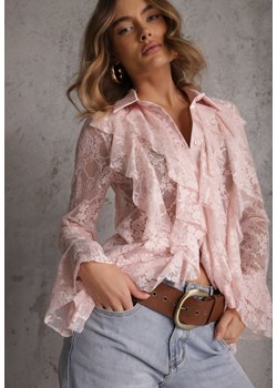 Różowa Wiskozowa Koronkowa Koszula z Bawełną i Falbanami  Oraeno ze sklepu renee.pl w kategorii Koszule damskie - zdjęcie 188889670