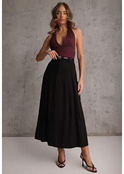 Czarna Rozkloszowana Spódnica z Wiskozy Zdobiona Plisami i Paskiem Durklea ze sklepu renee.pl w kategorii Spódnice - zdjęcie 188889682