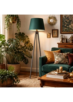 Elegancka lampa stojąca do salonu z drewna CURACAO drewniana lampa stojąca na trójnogu z drewna z abażurem zieleń butelkowa ze sklepu Lysne w kategorii Lampy podłogowe - zdjęcie 188895941