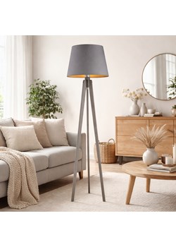 Szara lampa podłogowa na trzech nogach CURACAO GOLD lampa drewniana do salonu trójnóg ze sklepu Lysne w kategorii Lampy podłogowe - zdjęcie 188895973