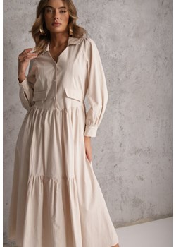 Beżowa Rozkloszowana Sukienka Koszulowa z Bawełny i Wiskozy Zdobiona Klapami Gleta ze sklepu renee.pl w kategorii Sukienki - zdjęcie 188916580