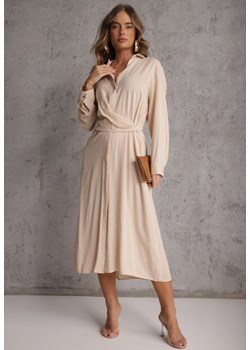 Beżowa Koszulowa Sukienka z Wiskozy z Asymetrycznym Drapowaniem i Guzikiem Hetasa ze sklepu renee.pl w kategorii Sukienki - zdjęcie 188916592