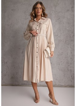 Beżowa Sukienka Rozkloszowana z Wiskozy o Koszulowym Kroju z Paskiem Anteis ze sklepu renee.pl w kategorii Sukienki - zdjęcie 188916604