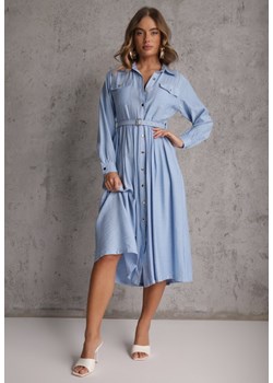 Niebieska Sukienka Rozkloszowana z Wiskozy o Koszulowym Kroju z Paskiem Anteis ze sklepu renee.pl w kategorii Sukienki - zdjęcie 188916610