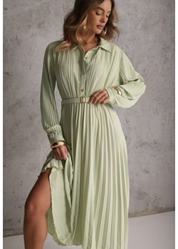 Zielona Koszulowa Sukienka z Plisowanymi Zdobieniami i Paskiem z Klamrą Efrivelle ze sklepu renee.pl w kategorii Sukienki - zdjęcie 188916622