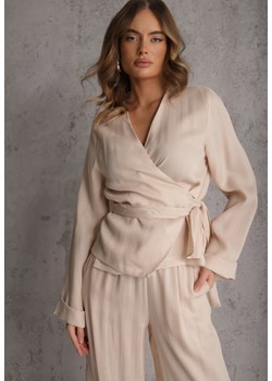 Beżowa Wiskozowa Bluzka z Kopertowym Dekoltem i Wiązaniem z Boku Velarila ze sklepu renee.pl w kategorii Bluzki damskie - zdjęcie 188916633