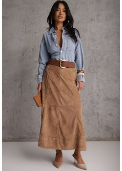 Beżowa Gładka Spódnica z Imitacji Zamszu o Rozkloszowanym Kroju Nettia ze sklepu renee.pl w kategorii Spódnice - zdjęcie 188917852