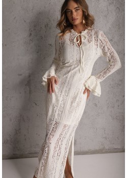 Beżowa Taliowana Sukienka z Koronki Zdobiona Wiązaniem przy Szyi Terienna ze sklepu renee.pl w kategorii Sukienki - zdjęcie 188917880