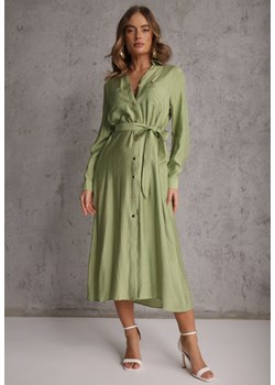 Zielona Sukienka z Wiskozą o Koszulowym Kroju z Wiązanym Paskiem Rissanni ze sklepu renee.pl w kategorii Sukienki - zdjęcie 188917891