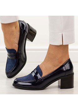 Niebieskie mokasyny damskie na obcasie M.Daszyński 2201D-3 ze sklepu suzana.pl w kategorii Półbuty damskie - zdjęcie 188936522