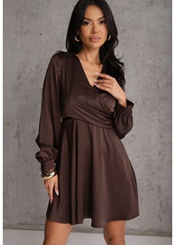 Brązowa Bawełniana Sukienka VICES z Satyny z Kopertowym Dekoltem Cunelia ze sklepu renee.pl w kategorii Sukienki - zdjęcie 188938913