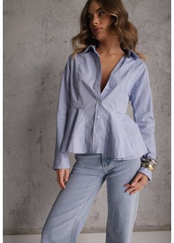 Niebieska Koszula z Baskinką z Bawełną Zdobiona Wzorem w Drobne Paski Merithara ze sklepu renee.pl w kategorii Koszule damskie - zdjęcie 188957362