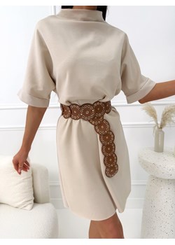 Beżowa Prosta Sukienka ze Stójką ze sklepu ModnaKiecka.pl w kategorii Sukienki - zdjęcie 188997114