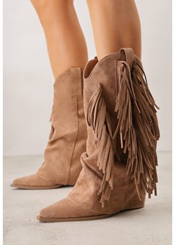 Jasnobrązowe Botki Typu Kowbojki na Obcasie z Wywiniętą Cholewką i Frędzlami Uemiris ze sklepu born2be.pl w kategorii Botki - zdjęcie 189022924