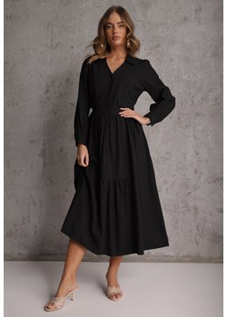 Czarna Rozkloszowana Sukienka Koszulowa z Bawełny i Wiskozy Zdobiona Klapami Gleta ze sklepu renee.pl w kategorii Sukienki - zdjęcie 189041844