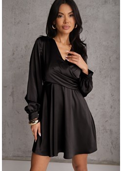 Czarna Bawełniana Sukienka VICES z Satyny z Kopertowym Dekoltem Cunelia ze sklepu renee.pl w kategorii Sukienki - zdjęcie 189041850