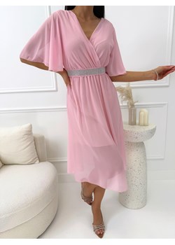 Pudrowa Szyfonowa Sukienka z Kopertowym Dekoltem ze sklepu ModnaKiecka.pl w kategorii Sukienki - zdjęcie 189058163