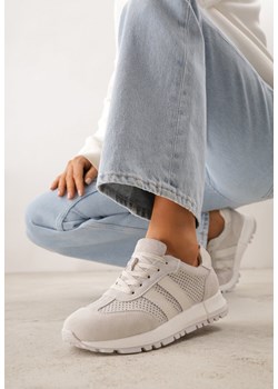 Jasnoszare Sneakersy z Zamszu Naturalnego z Ozdobnymi Paskami i Perforacją Ravinelle ze sklepu renee.pl w kategorii Buty sportowe damskie - zdjęcie 189062153
