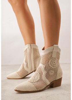 Beżowe Ażurowe Botki Kowbojki z Haftem na Niskim Obcasie Typu Stożek Bertolina ze sklepu born2be.pl w kategorii Botki - zdjęcie 189062991
