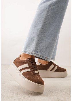 Brązowe Skórzane Sneakersy na Grubej Podeszwie z Geometrycznym Wzorem Rivimi ze sklepu born2be.pl w kategorii Buty sportowe damskie - zdjęcie 189063090