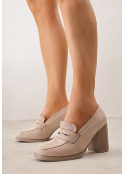 Beżowe Półbuty w Stylu Mokasynów na Obcasie z Ozdobnym Przeszyciem Edanithiel ze sklepu born2be.pl w kategorii Półbuty damskie - zdjęcie 189080183