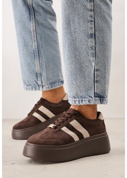 Ciemnobrązowe Skórzane Sneakersy na Grubej Podeszwie z Geometrycznym Wzorem Rivimi ze sklepu born2be.pl w kategorii Buty sportowe damskie - zdjęcie 189080282