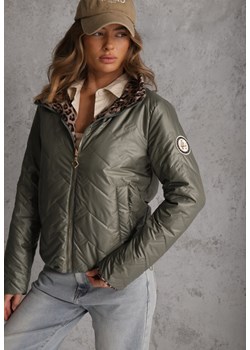 Zielona Pikowana Kurtka Dwustronna z Motywem Panterki i Naszywką Damike ze sklepu renee.pl w kategorii Kurtki damskie - zdjęcie 189080364