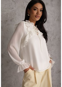 Biała Bluzka w Stylu Coquette z Falbankami i Wiązaniem przy Szyi Seathrina ze sklepu renee.pl w kategorii Bluzki damskie - zdjęcie 189084381